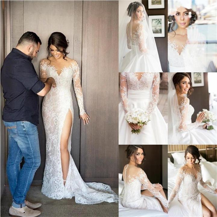 Long Sleeve See Through Lace Mermaid V-back Wedding Dresses, Romantic Bridal Gown, TYP0940