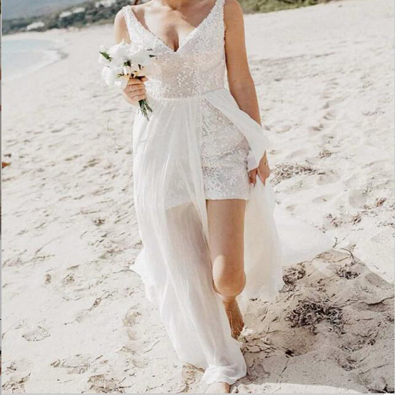 White V-Neck Detachable Train Sequined Long Beach Wedding Dresses, TYP0976