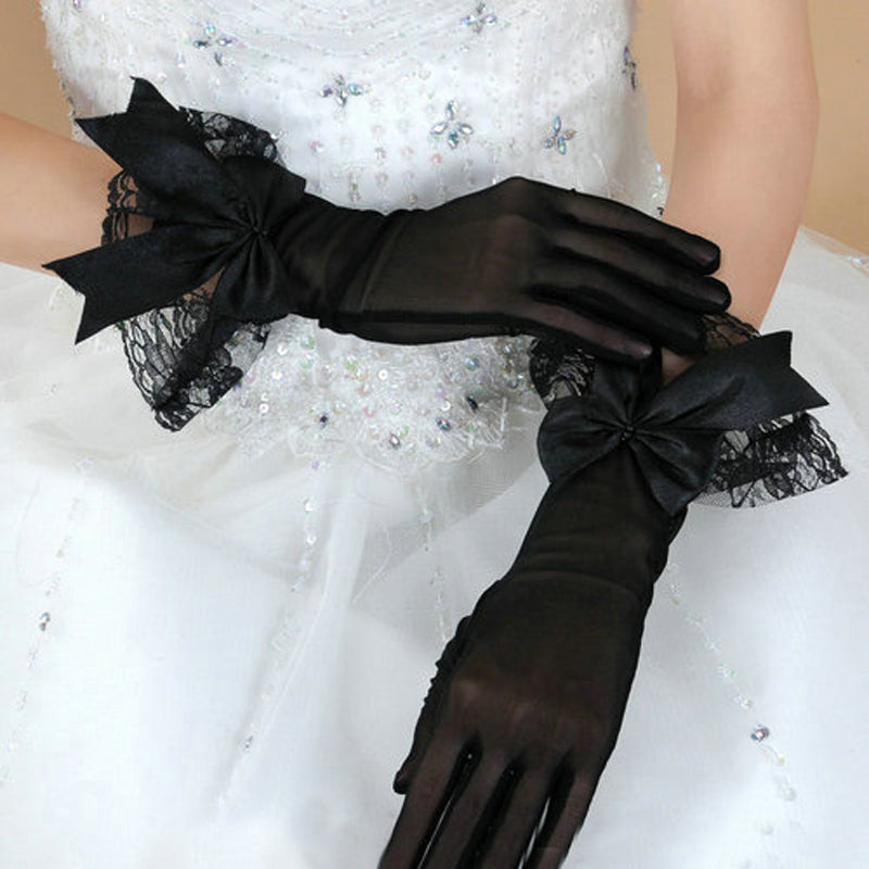 Black Wedding Gloves,  Short Gloves, Wedding Gloves With Handmade Flower, TYP0540