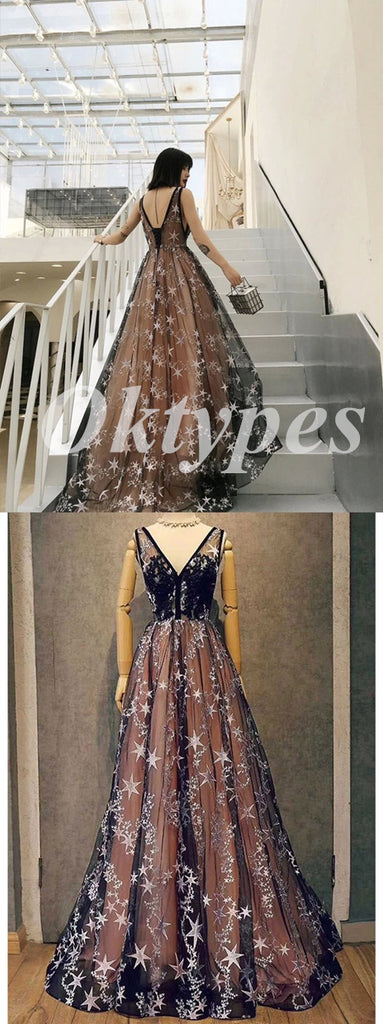 Elegant Star Tulle Spaghetti Straps V-Neck Sleeveless Lace Up A-Line Long Prom Dresses,PDS0816