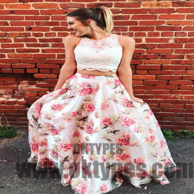 Two Pieces Lace Bodice Printed Flower Skirt Long Evening Prom Dresses, TYP0403