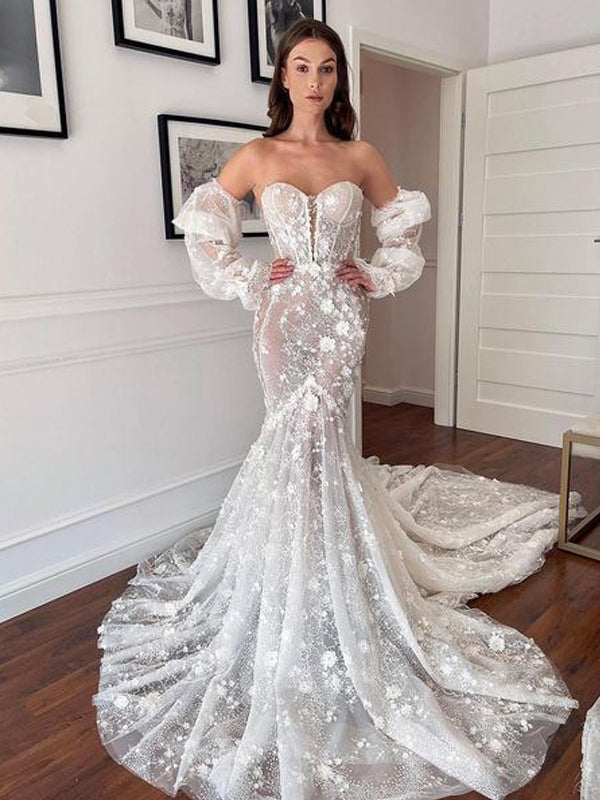 Charming Sweetheart Lace Applique Mermaid Long Cheap Wedding Dresses, WDS0076