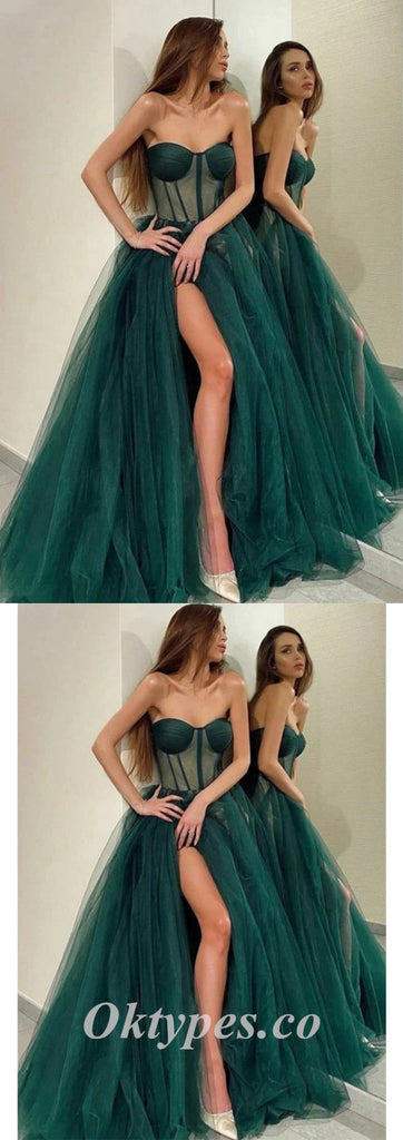 Sexy Tulle Sweetheart Sleeveless Side Slit A-Line Long Prom Dresses,PDS0605