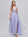 Cute Purple Lace Tulle Spaghetti Straps Side Slit A-Line Long Prom Dresses,PDS0421