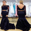 Navy Blue Two Piece Prom Dress, Long Sleeve Lace Prom Dresses, Mermaid Crop Top Prom Dress, TYP0050