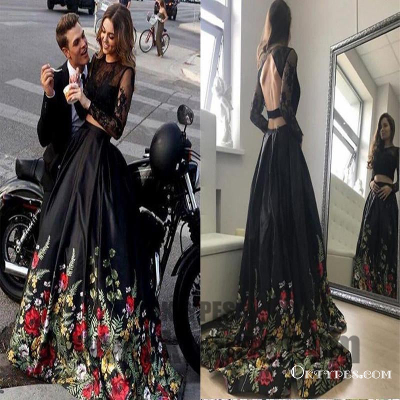 Two Piece Black Prom Dresses, Long Sleeve Prom Dresses, Open-back Prom Dresses, Appliques lace Prom Dresses,TYP0305