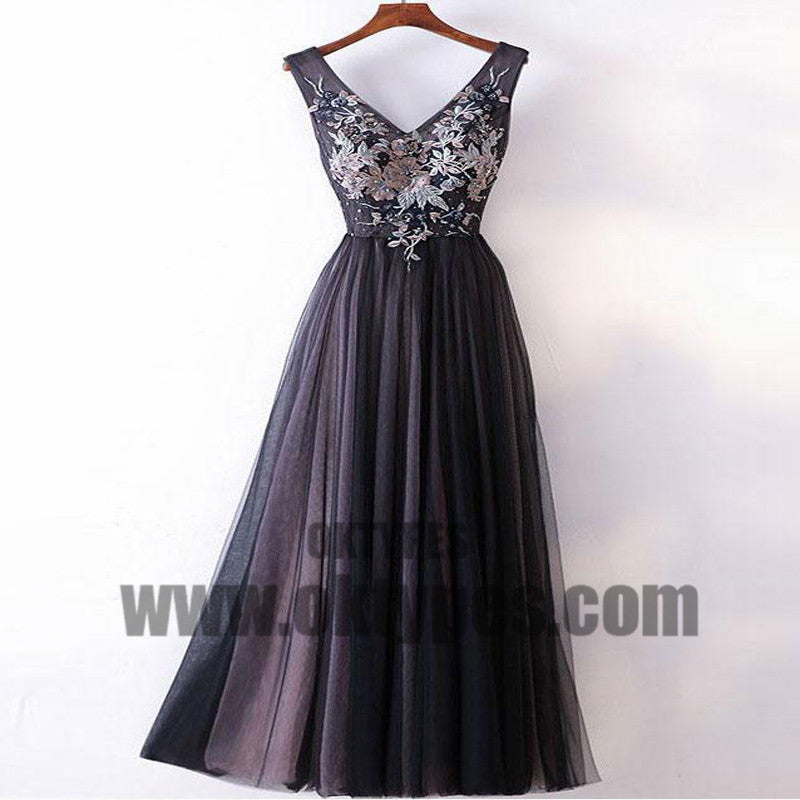 Chic A Line V Neck Prom Dress, Modest Cheap Black Long Prom Dress, Lace Up Prom Dresses, TYP0433