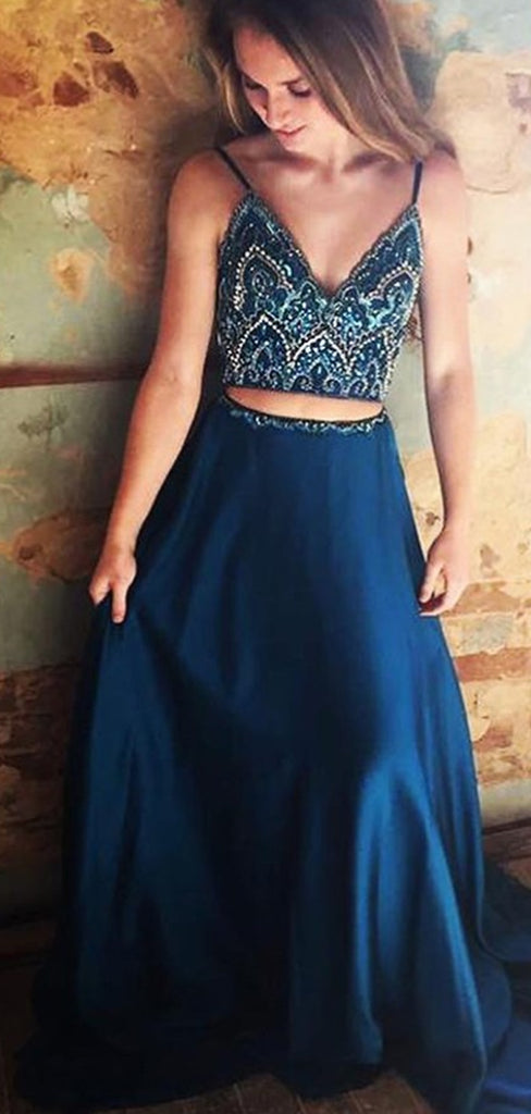 Two Piece Spaghetti Straps Blue Satin Prom Dresses with Beading, TYP1289