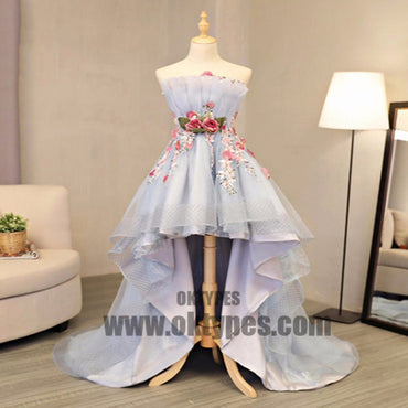 High Low Handmade Flower Tulle Prom Dresses, Sweetheart Backless Prom Dresses, TYP0414