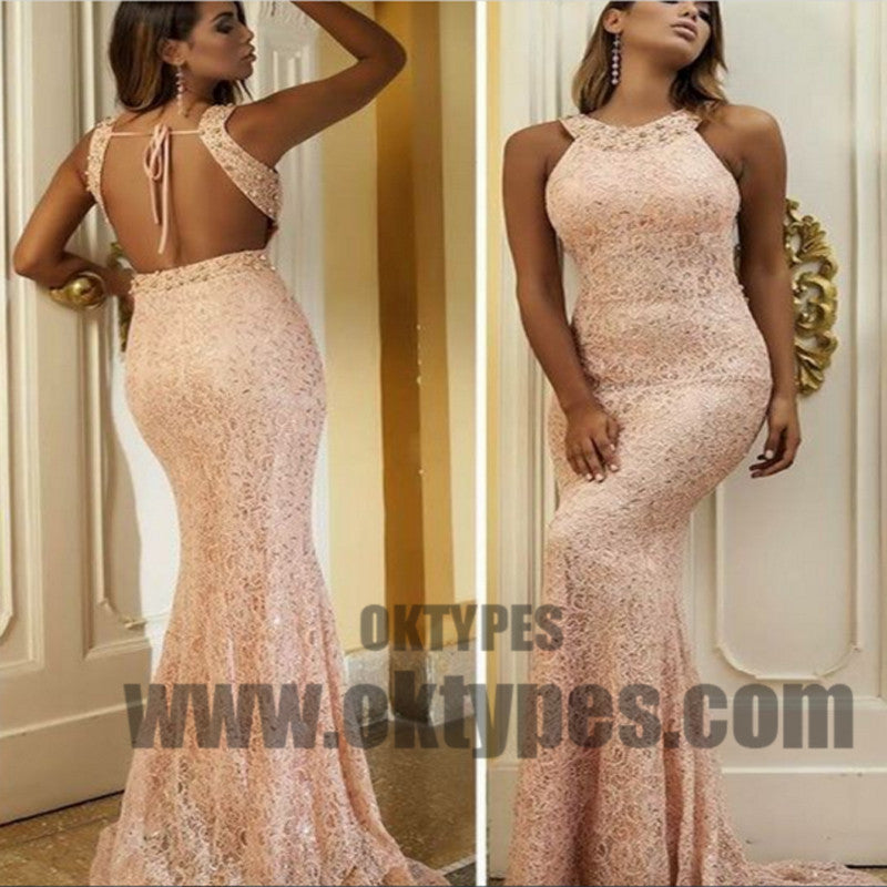 Long Mermaid Prom Dresses, Pink Lace Prom Dresses With Little Beading, Grecian Prom Dresses, Backless Prom Dresses, TYP0228