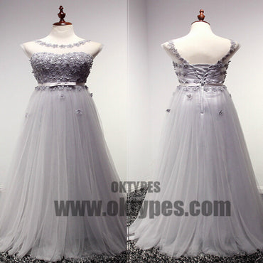 Appliques Beading Tulle Long Floor Length Prom Dresses, Scoop Backless Prom Dresses, TYP0358