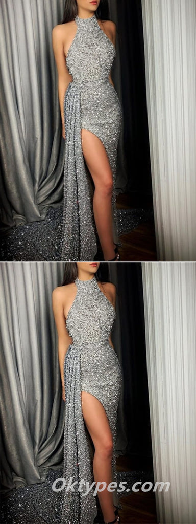 Sexy Silver Sequin High Neck Side Slit Mermaid Long Prom Dresses,PDS0424