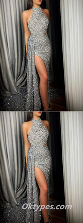 Sexy Silver Sequin High Neck Side Slit Mermaid Long Prom Dresses,PDS0424