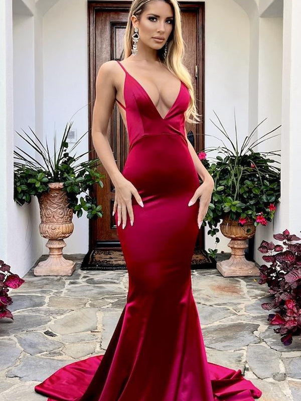 Sexy V-neck Mermaid Soft Satin Simple Long Prom Dresses, PDS0226