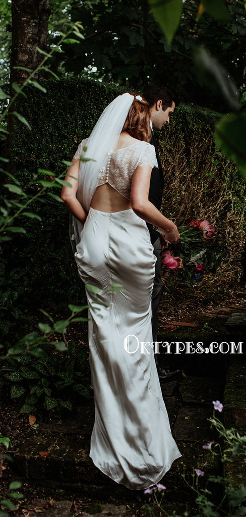 Elegnat V-neck Mermaid Short Sleeve Simple Wedding Dresses, WDS0102
