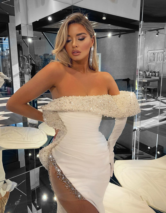 Sexy One-shoulder Mermaid Sequin Side Slit White Simple Prom Dresses, PDS0195