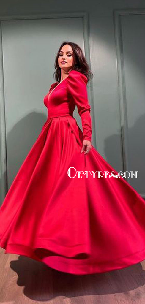 Simple V-neck Long Sleeve A-line Red Satin Long Prom Dresses Online, PDS0223