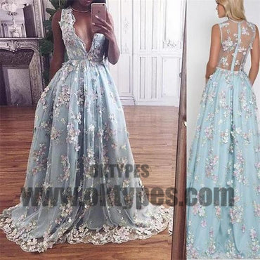 Long Floor Length Flower Prom Dresses, Deep V-neck Prom Dresses, Appliques Prom Dresses, Appliques Prom Dresses, TYP0265