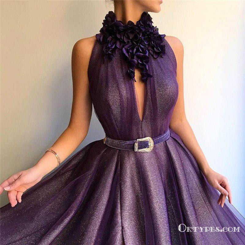 Purple Long A-line Split Cheap Prom Dresses With Flowers, TYP1750