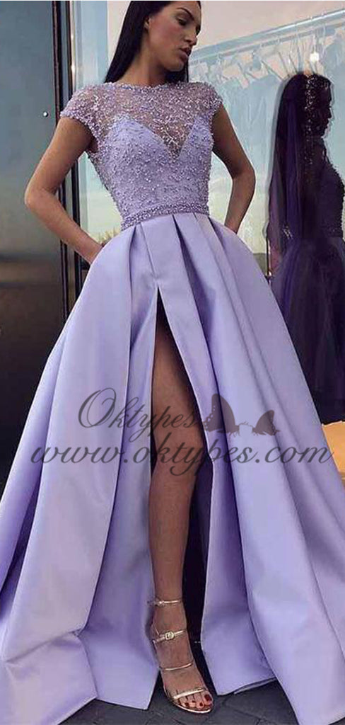 Jewel Cap Sleeves Lavender Satin Evening Prom Dresses With Beading Split, TYP1512