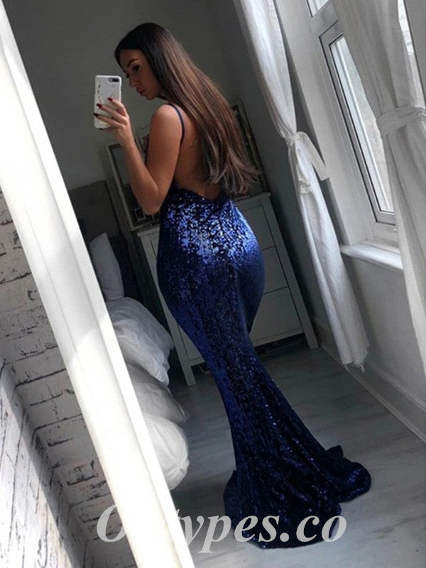 Sexy Sequin Spaghetti Straps V-Neck Backless Mermaid Long Prom Dresses , PDS0876