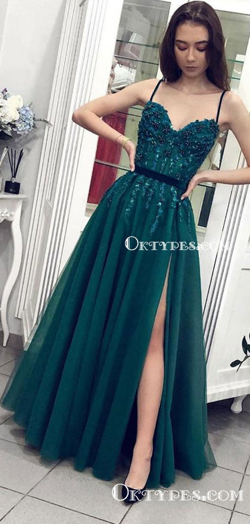 New Arrival Charming Spaghetti Straps A-line Long Cheap Tulle Side Slit Prom Dresses With Beadings, TYP2083
