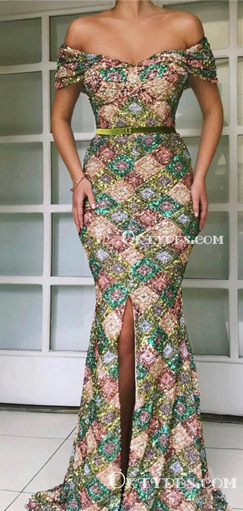 New Arrival Sparkly Off-The-Shoulder Colorful Sequin Long Cheap Mermaid Prom Dresses, TYP2081