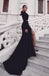 Black Sexy Satin V-Neck Long Sleeves Side Slit Prom Dresses, PDS0298