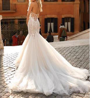 Sweetheart Lace Appliqued Tulle Mermaid Long Cheap Wedding Dresses, WDS0074