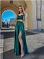 Green Satin Long Sleeves Side Slit Long Bridesmaid Dresses, BDS0191