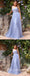 Elegant Blue Special Tulle Spaghetti Straps V-Neck Sleeveless A-Line Long Prom Dresses,PDS0651