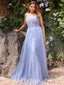 Elegant Blue Special Tulle Spaghetti Straps V-Neck Sleeveless A-Line Long Prom Dresses,PDS0651