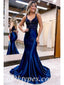 Elegant Satin Spaghetti Straps V-Neck Sleeveless Mermaid Long Prom Dresses With Beading, PDS0844