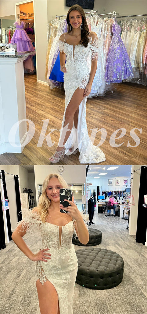 Elegant Lace And Tulle Cold Shoulder Sleeveless Side Slit Mermaid Long Prom Dresses,PDS0774