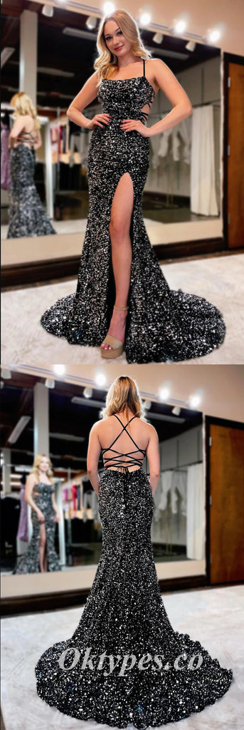 Sexy Black Sequin Spaghetti Straps Square Sleeveless Lace Up Back Mermaid Long Prom Dresses With Side Slit,PDS0610