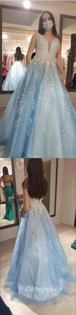 Elegant Blue Tulle Lace Spaghetti Straps A-Line Long Prom Dresses/Graduation Dresses,PDS0440