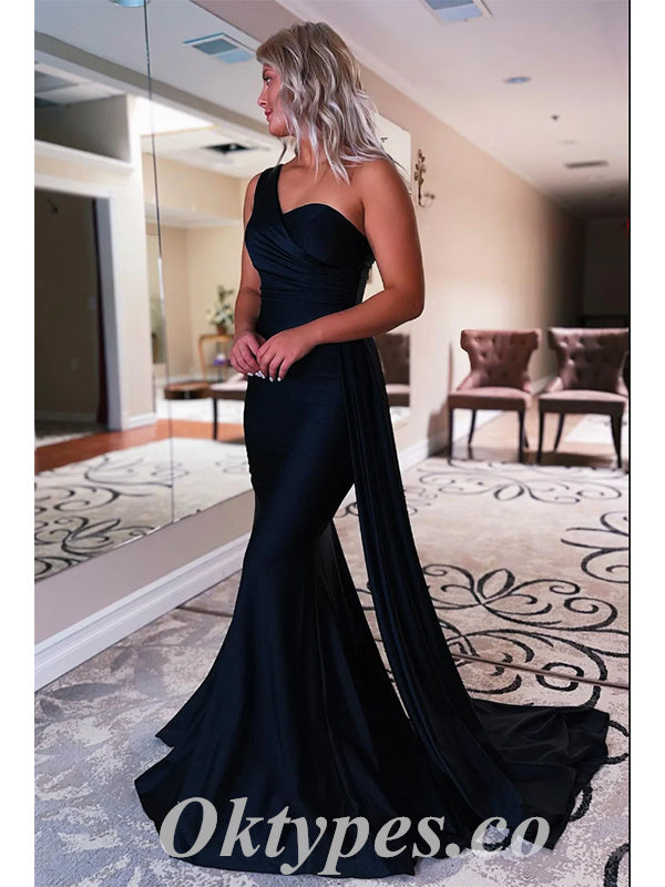 Sexy Satin One Shoulder Mermaid Long Prom Dresses With Trailing,PDS0595