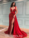 Sexy Red Sequin Satin Spaghetti Straps V-Neck Sleeveless Side Slit Mermaid Long Prom Dresses/Evening Dresses,PDS0482