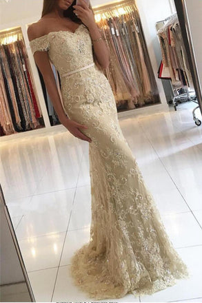 Light Yellow Long Prom Dresses, Lace Mermaid Prom Dresses, Off-shoulder Prom Dresses, Zipper Prom Dresses, Charming Prom Dresses, TYP0187