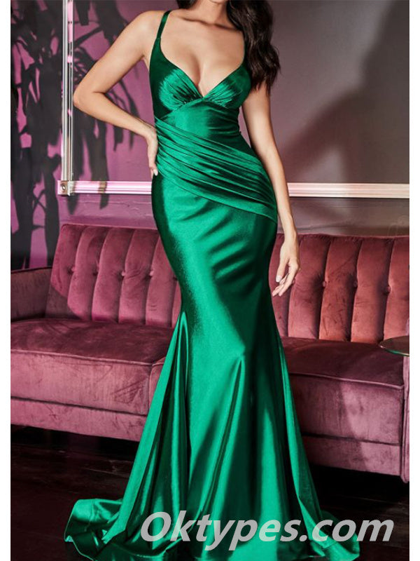 Sexy Soft Satin Strapless V-Neck Criss Cross Mermaid Long Prom Dresses With Pleats,PDS0340
