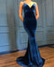 Blue Spaghetti Strap V Neck  Mermaid Velvet Prom Dresses, TYP1576