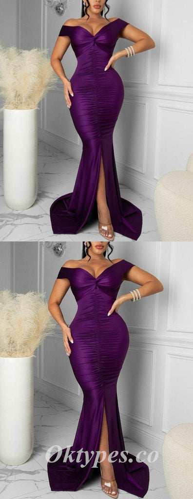 Sexy Purple Satin Off Shoulder V-Neck Sleeveless Side Slit Mermaid Long Prom Dresses,PDS0578
