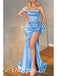 Sexy Satin One Shoulder Sleeveless Side Slit Mermaid Long Prom Dresses With Applique, PDS0951