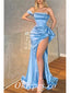 Sexy Satin One Shoulder Sleeveless Side Slit Mermaid Long Prom Dresses With Applique, PDS0951