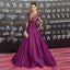 Purple Carpet Inspired Plum See Through Beaded Sexy Long Sleeve A-line Satin Prom Dresses, TYP0030