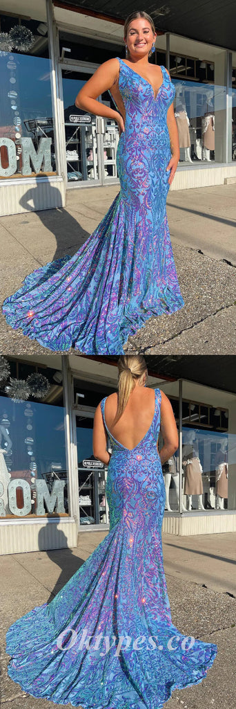 Sexy Special Fabric Spaghetti Straps V-Neck Sleeveless Open Back Mermaid Long Prom Dresses,PDS0611