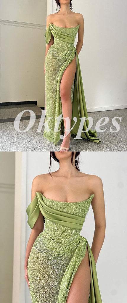 Sexy Special fabric Sleeveless Side Slit Mermaid Long Prom Dresses, PDS0948