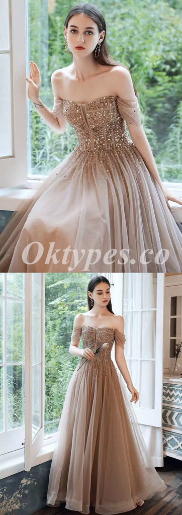 Elegant Tulle Off Shoulder Sleeveless A-Line Long Prom Dresses With Applique And Besding,PDS0710