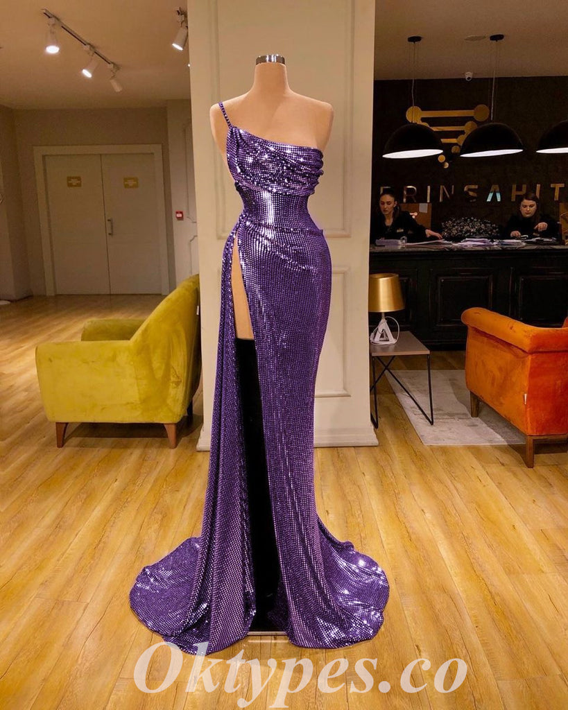 Sexy Purple Special Fabric One shoulder Side Slit Mermaid Long Prom Dresses,PDS0573