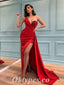 Sexy Red Sequin Satin One Shoulder V-Neck Sleeveless Side Slit Mermaid Long Prom Dresses/Evening Dresses,PDS0483